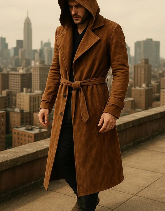 Men's Handmade Brown Suede Leather Hooded Trench Coat