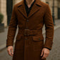 Men's Handmade Brown Suede Leather Trench Coat: Vintage Belted Winter Outerwear