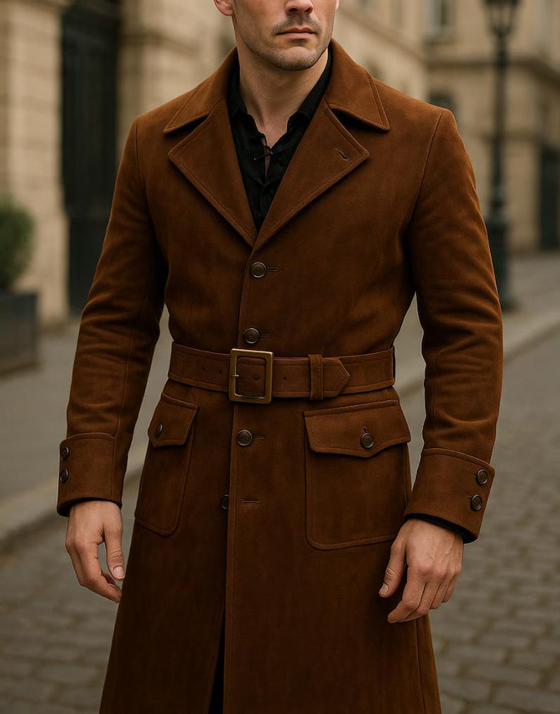 Men's Handmade Brown Suede Leather Trench Coat: Vintage Belted Winter Outerwear