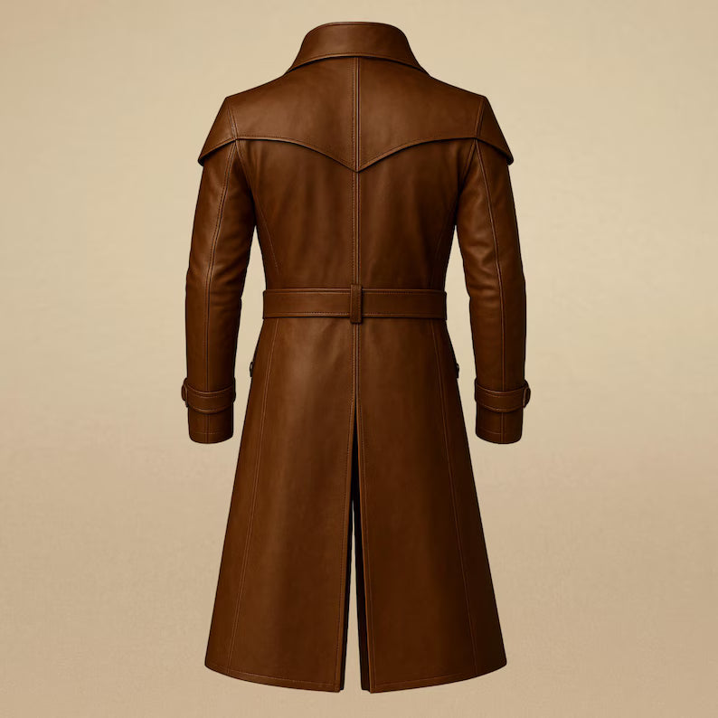 Handmade Brown Leather Trench Coat: Vintage Double Breasted Belted Jacket