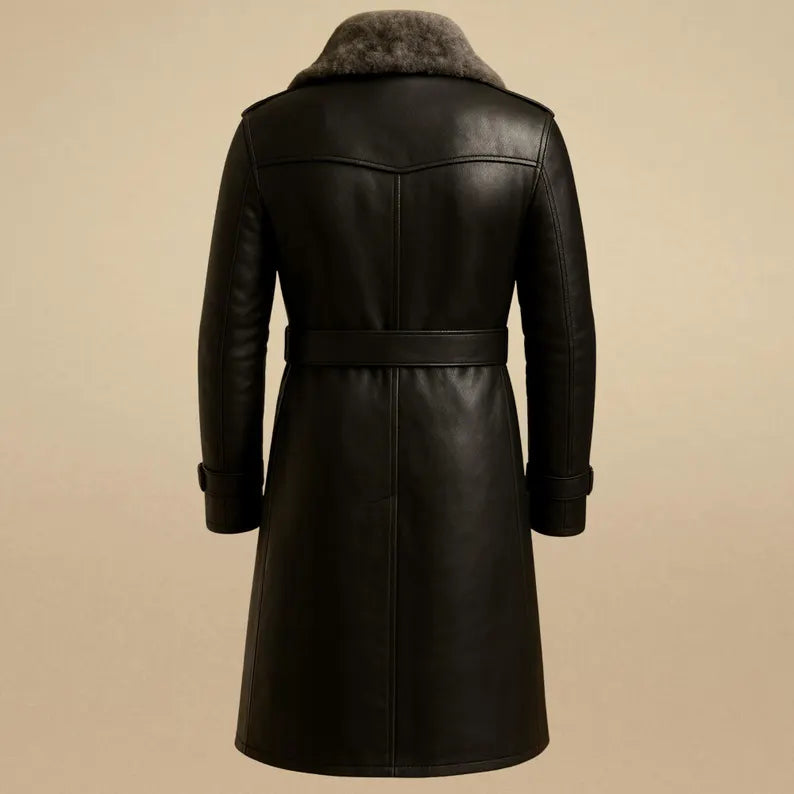 Handmade Black Leather Trench Coat: Men's Vintage Fur Collar Winter Jacket