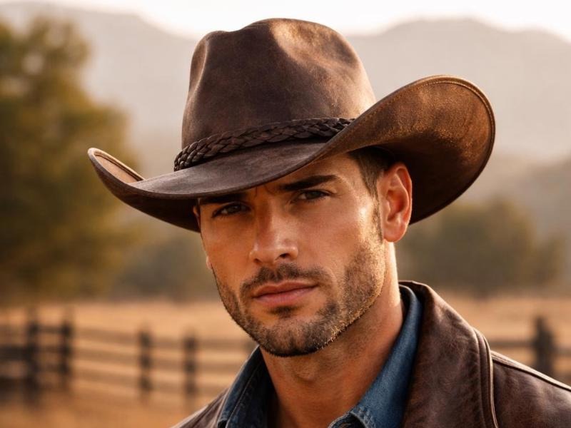 Classic Brown Leather Cowboy Hat for Men – Western Wide Brim Hat with Braided Band