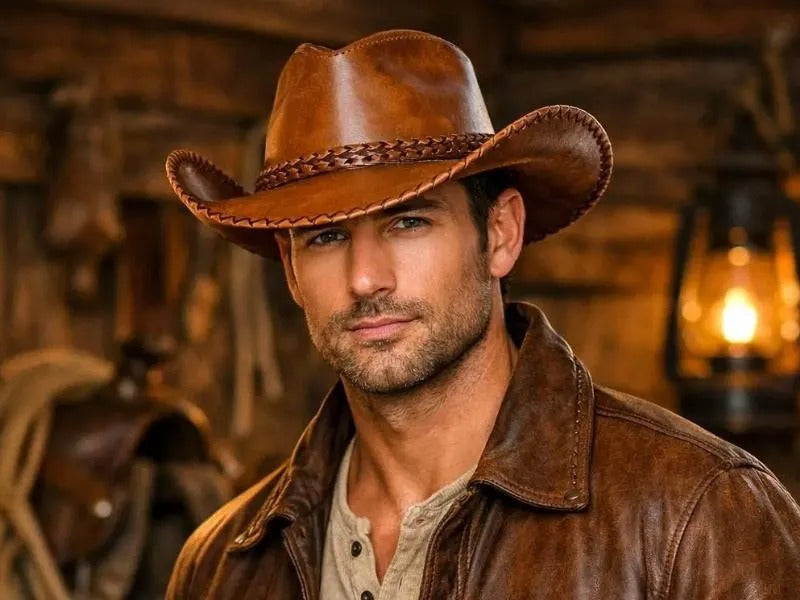 Classic Brown Leather Cowboy Hat for Men Premium Western Wide Brim Hat with Braided Detail
