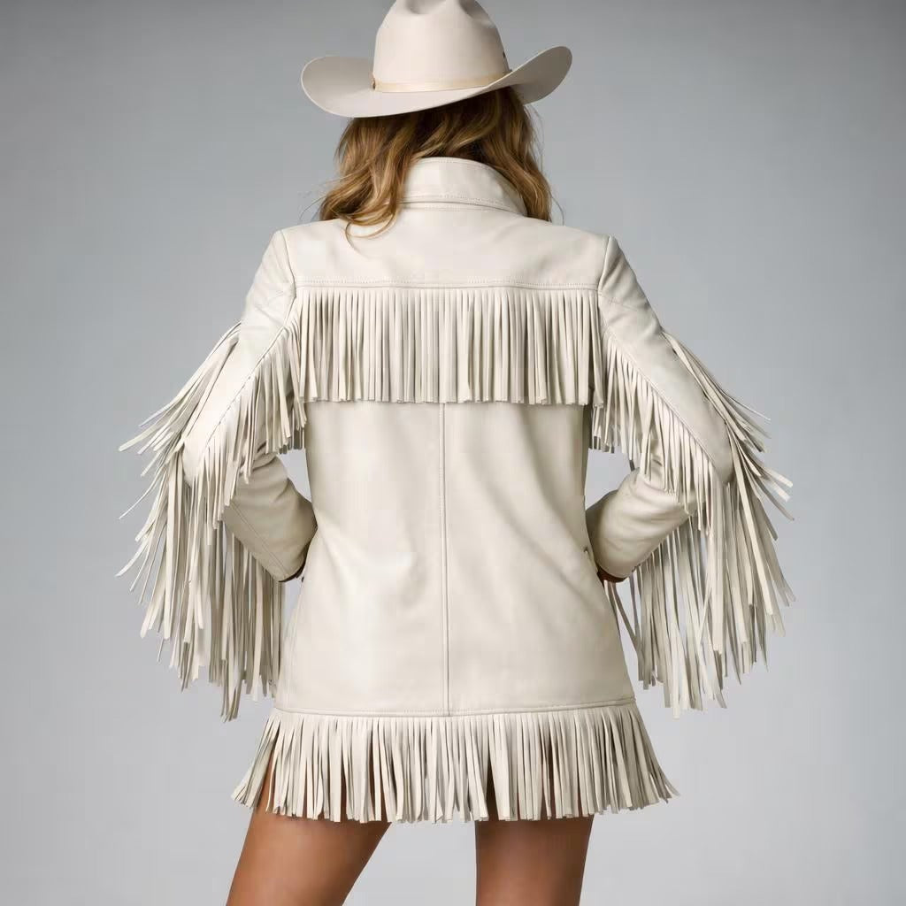 Women’s Ivory Fringe Leather Western Jacket Dress